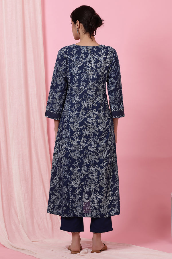 Indigo Handblock Print Flared Cotton Kurta
