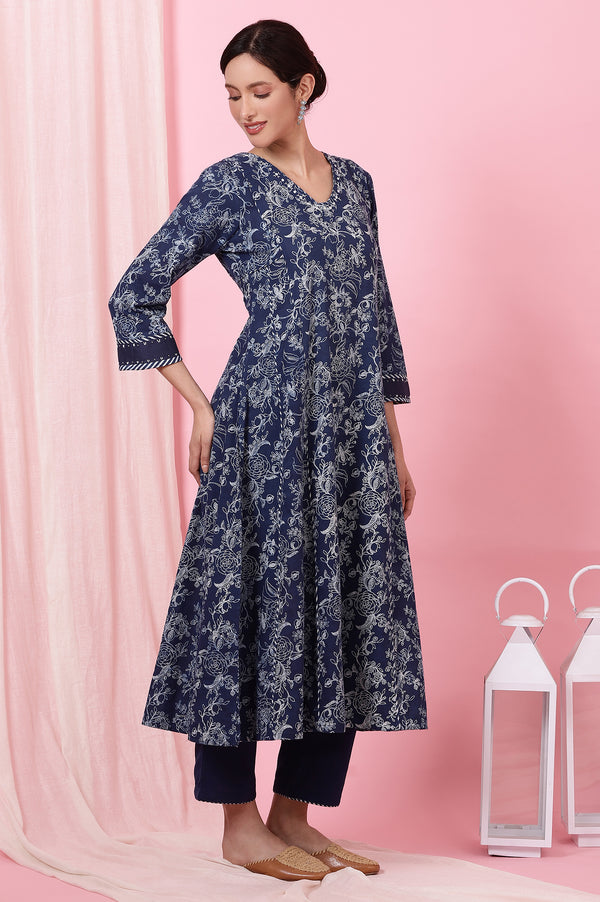 Indigo Handblock Print Flared Cotton Kurta