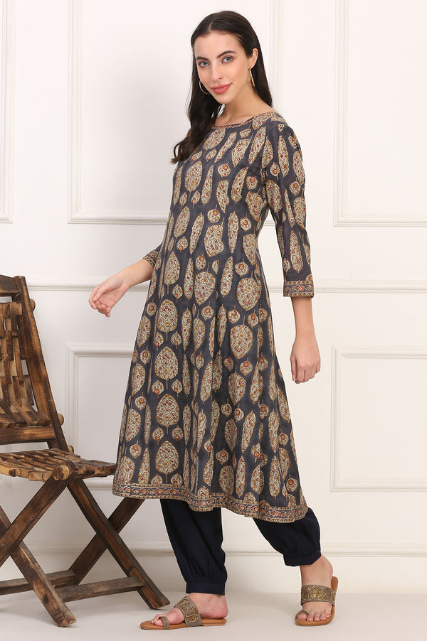 Blue Hand Block Floral Printed Mirror Work Pure Cotton Flared Kurta