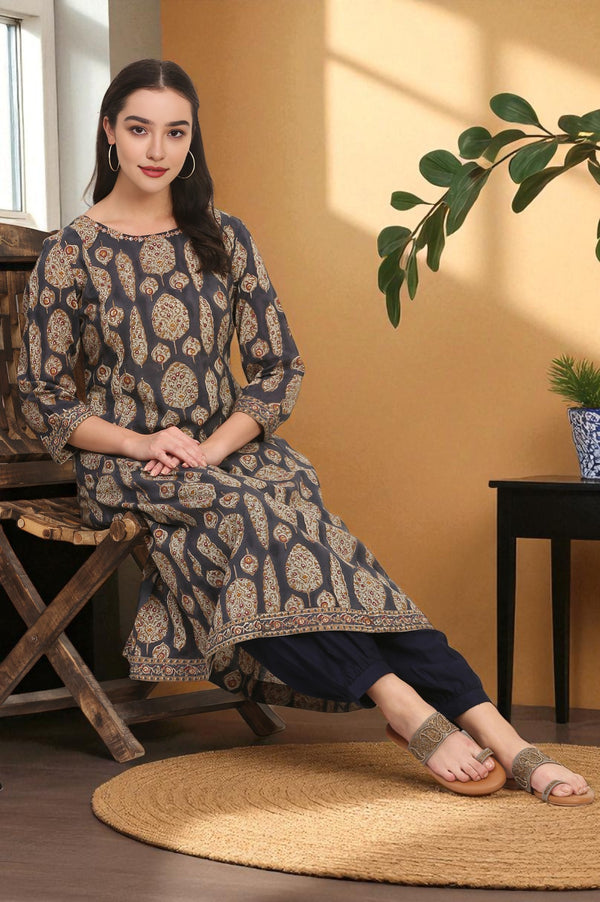 Blue Hand Block Floral Printed Mirror Work Pure Cotton Flared Kurta