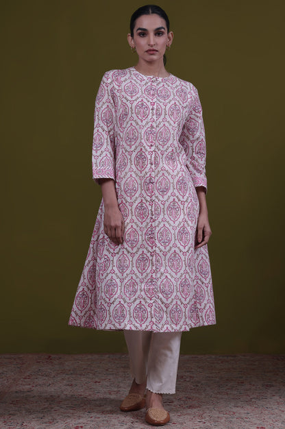 Cream Paisley Print A-Line Pure Cotton Kurta