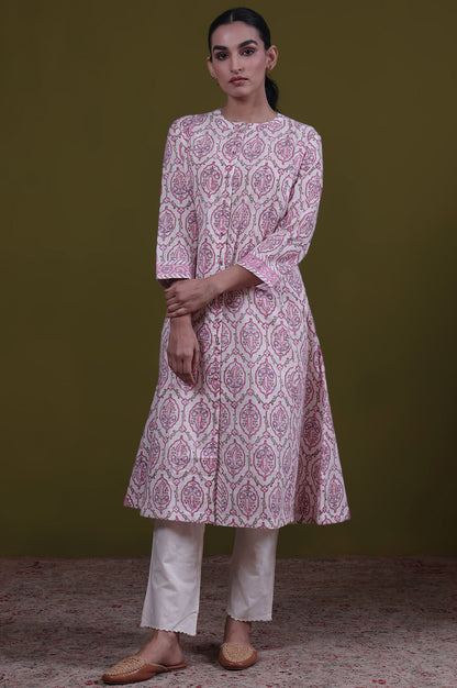Cream Paisley Print A-Line Pure Cotton Kurta