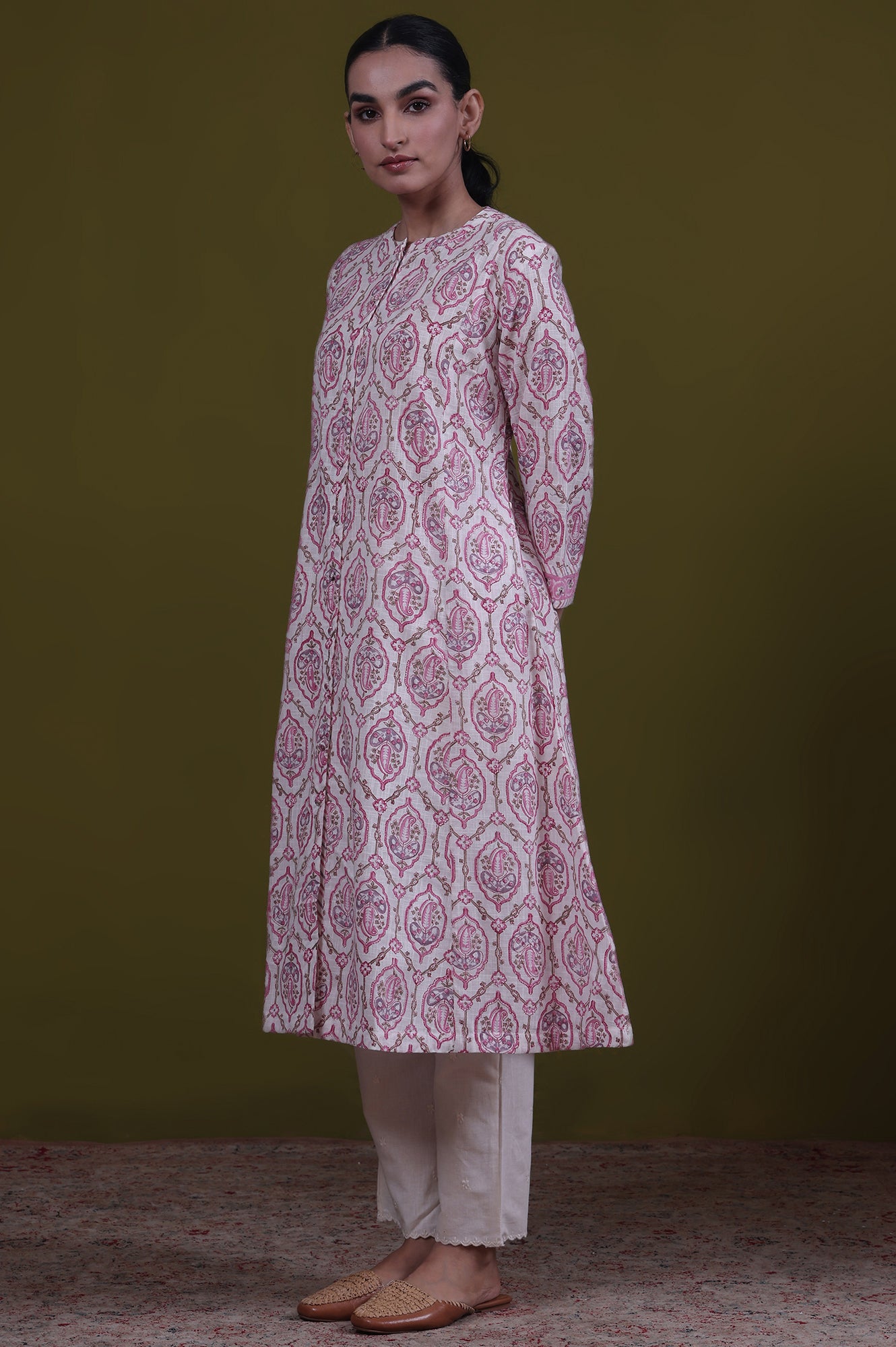 Cream Paisley Print A-Line Pure Cotton Kurta