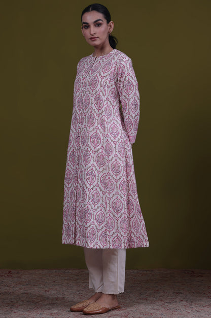 Cream Paisley Print A-Line Pure Cotton Kurta