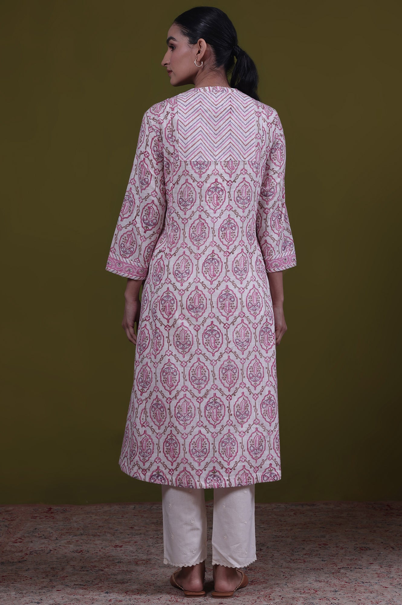 Cream Paisley Print A-Line Pure Cotton Kurta