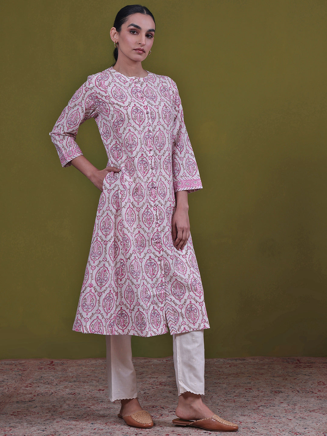 Cream Paisley Print A-Line Pure Cotton Kurta