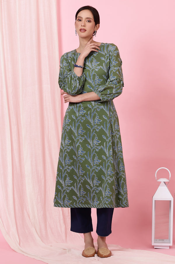 Green Floral Handblock Printed Kurta with Volume Sleeves