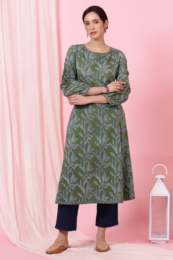 Green Floral Handblock Printed Kurta with Volume Sleeves
