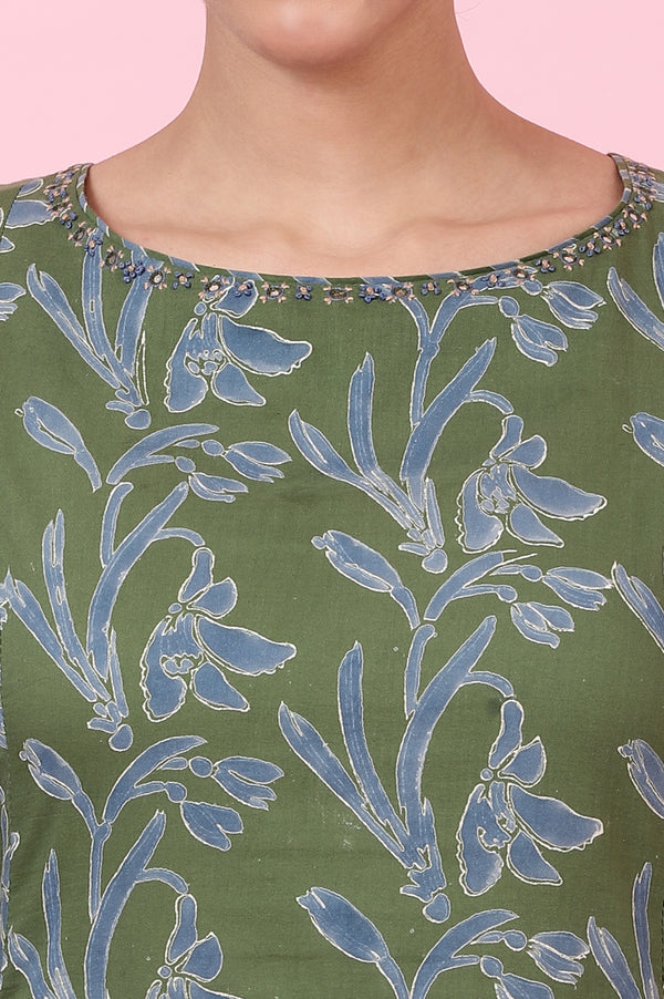 Green Floral Handblock Printed Kurta with Volume Sleeves