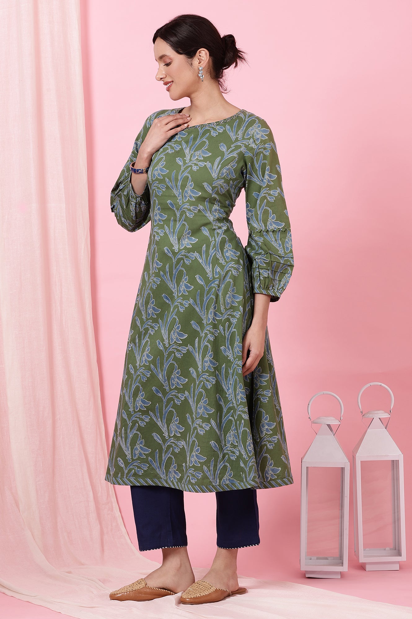 Green Floral Handblock Printed Kurta with Volume Sleeves