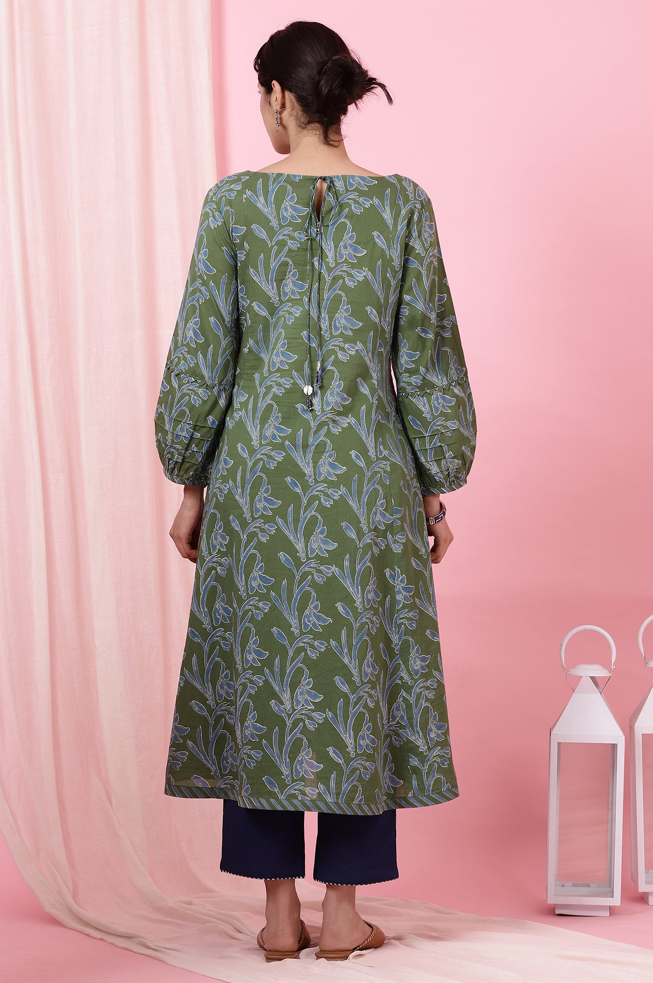 Green Floral Handblock Printed Kurta with Volume Sleeves