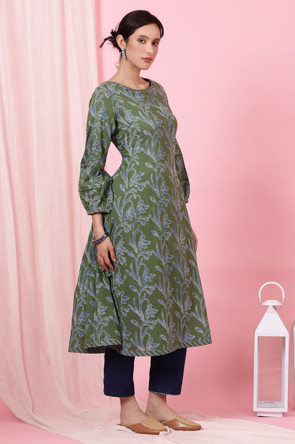 Green Floral Handblock Printed Kurta with Volume Sleeves