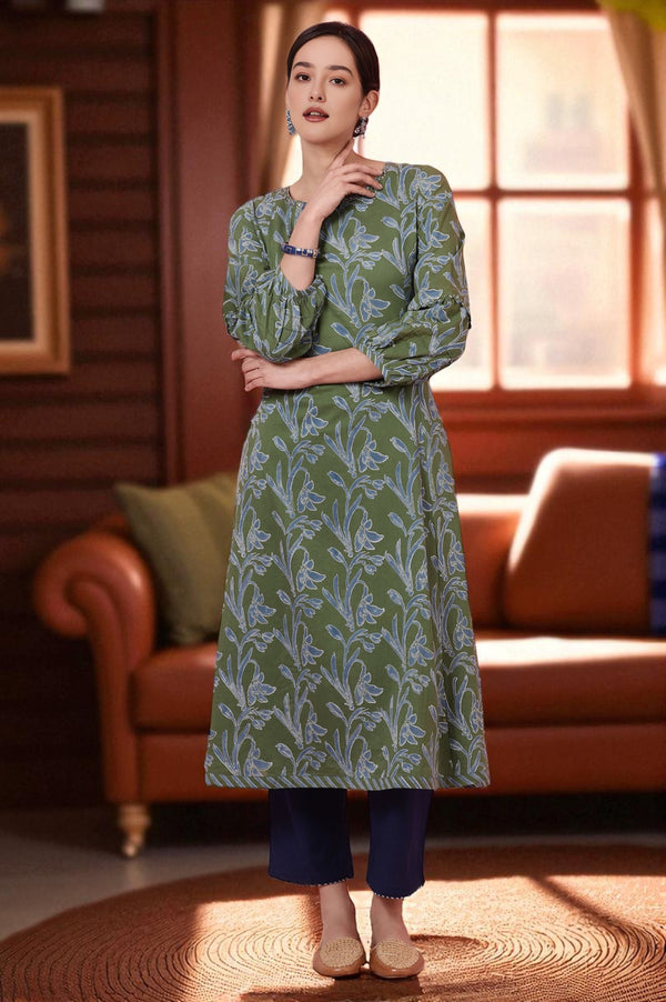 Green Floral Handblock Printed Kurta with Volume Sleeves