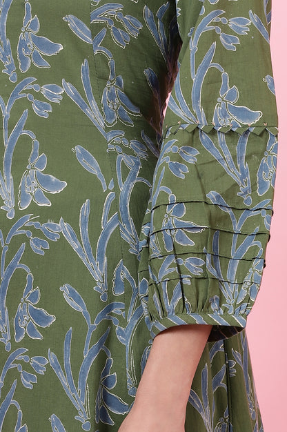 Green Floral Handblock Printed Kurta with Volume Sleeves