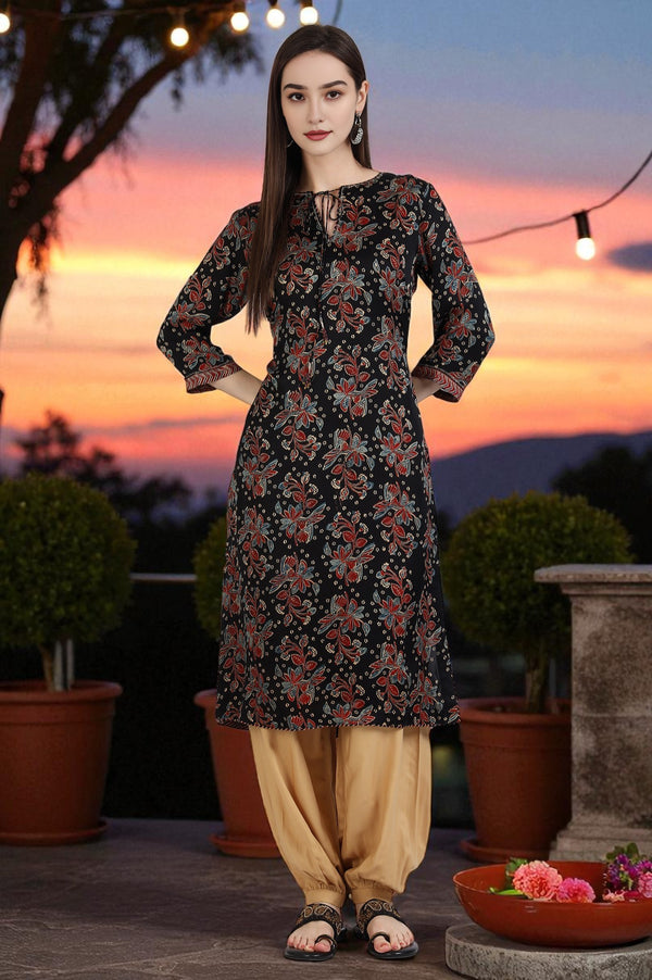 Black Ajrakh Printed Kurta in Lustrous Modal Satin