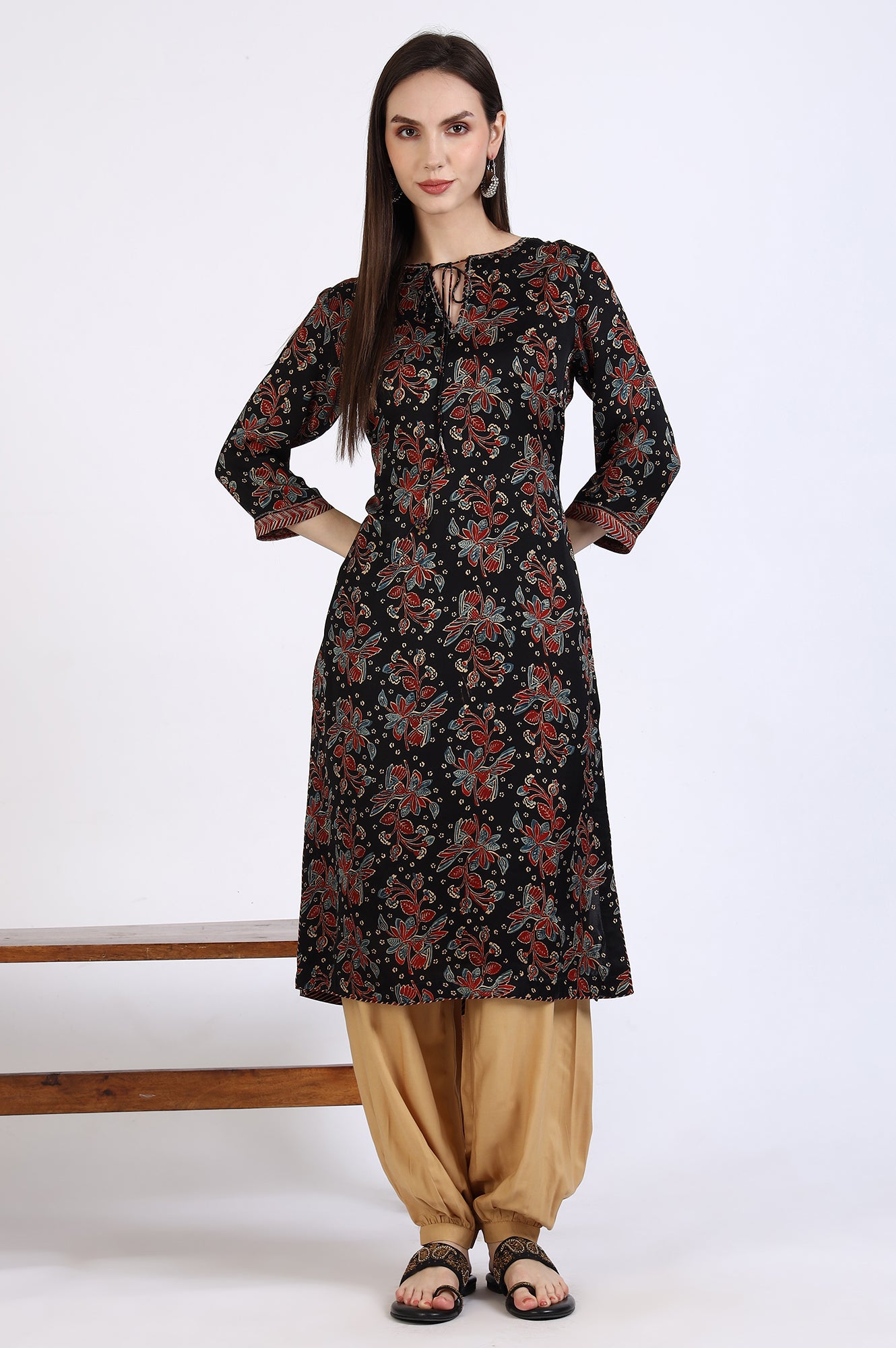 Black Ajrakh Printed Kurta in Lustrous Modal Satin