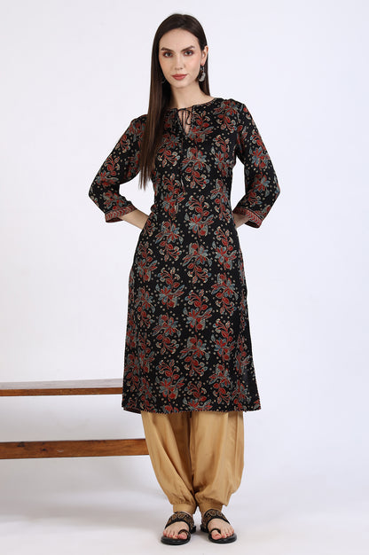 Black Ajrakh Printed Kurta in Lustrous Modal Satin
