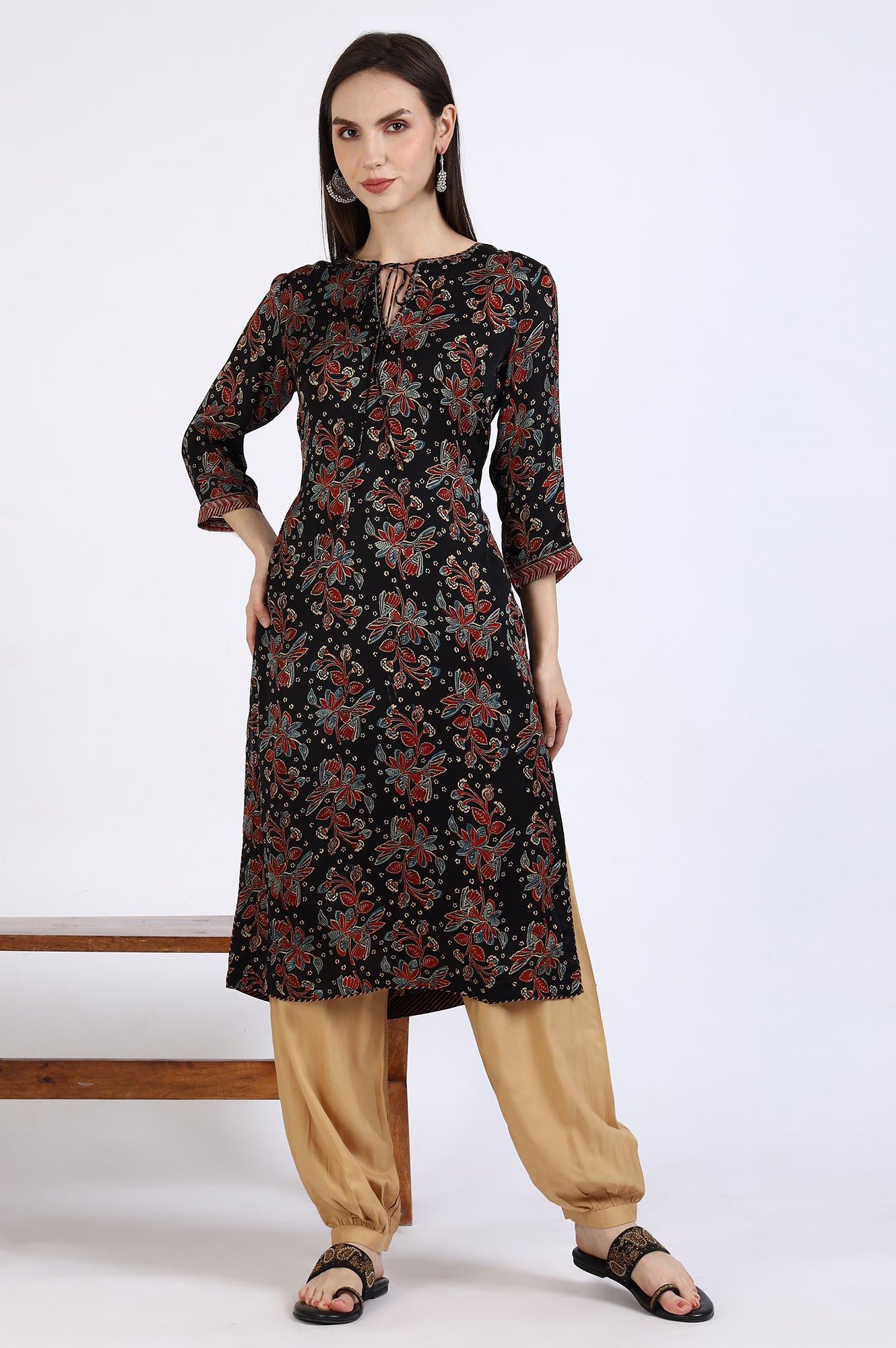 Black Ajrakh Printed Kurta in Lustrous Modal Satin
