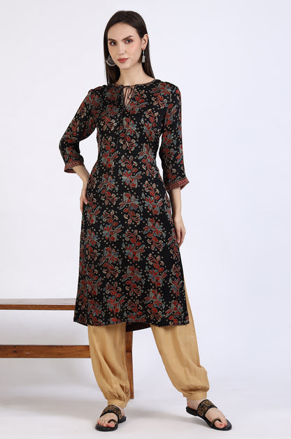 Black Ajrakh Printed Kurta in Lustrous Modal Satin