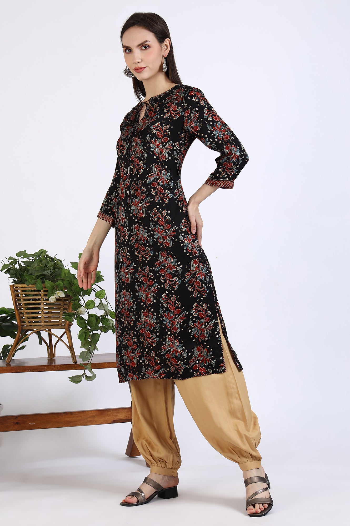 Black Ajrakh Printed Kurta in Lustrous Modal Satin