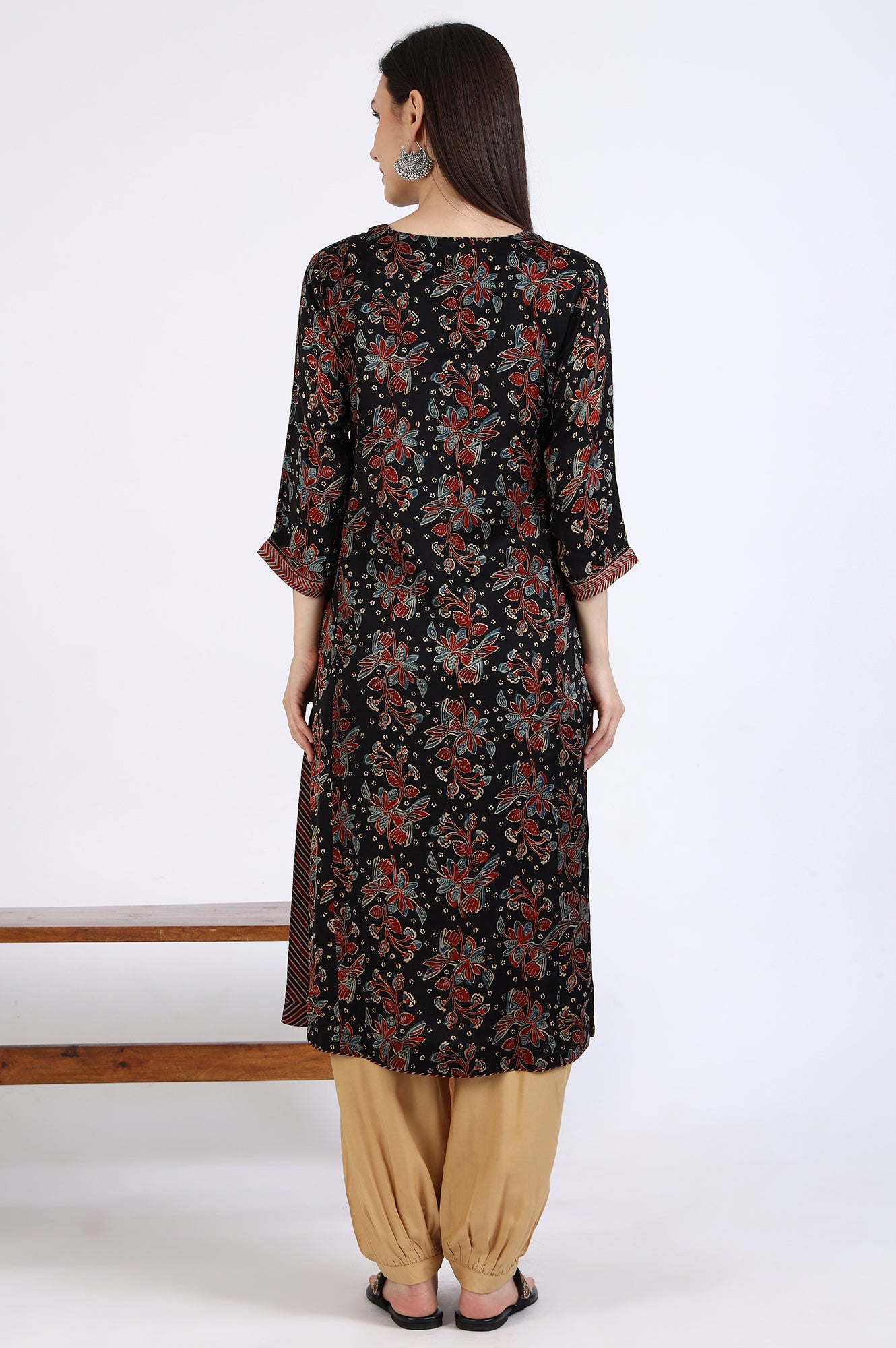 Black Ajrakh Printed Kurta in Lustrous Modal Satin