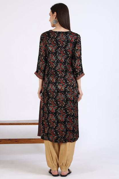Black Ajrakh Printed Kurta in Lustrous Modal Satin