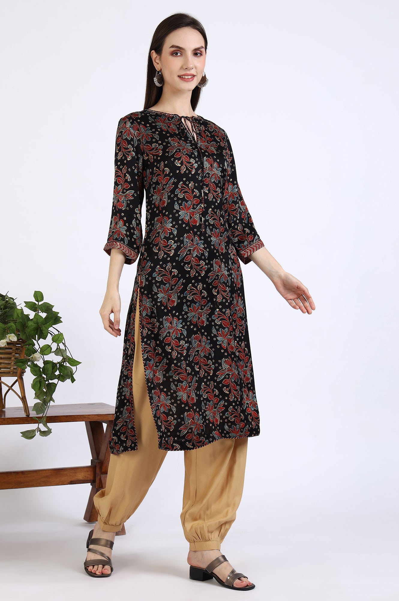 Black Ajrakh Printed Kurta in Lustrous Modal Satin
