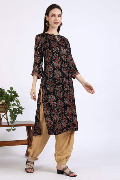 Black Ajrakh Printed Kurta in Lustrous Modal Satin
