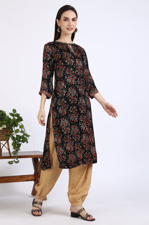 Black Ajrakh Printed Kurta in Lustrous Modal Satin