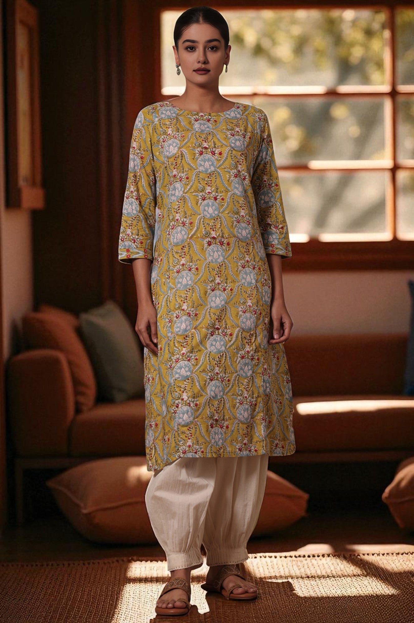 Yellow Floral Printed A-Line Pure Cotton Kurta