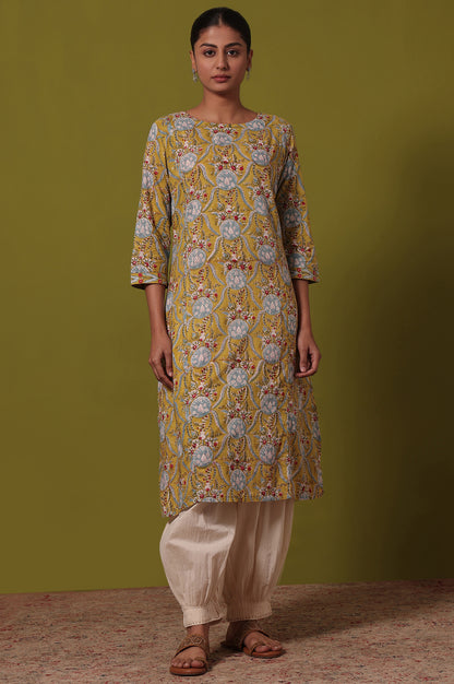 Yellow Floral Printed A-Line Pure Cotton Kurta