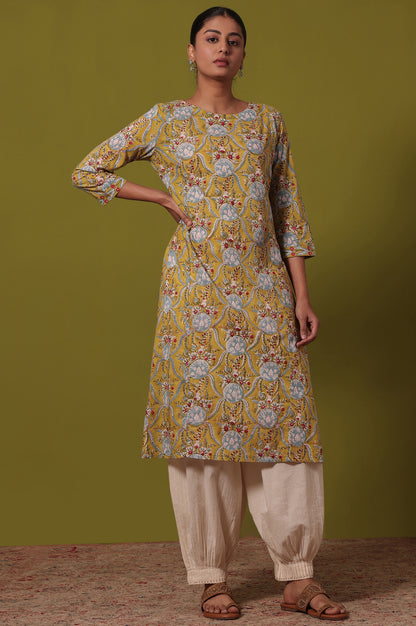 Yellow Floral Printed A-Line Pure Cotton Kurta