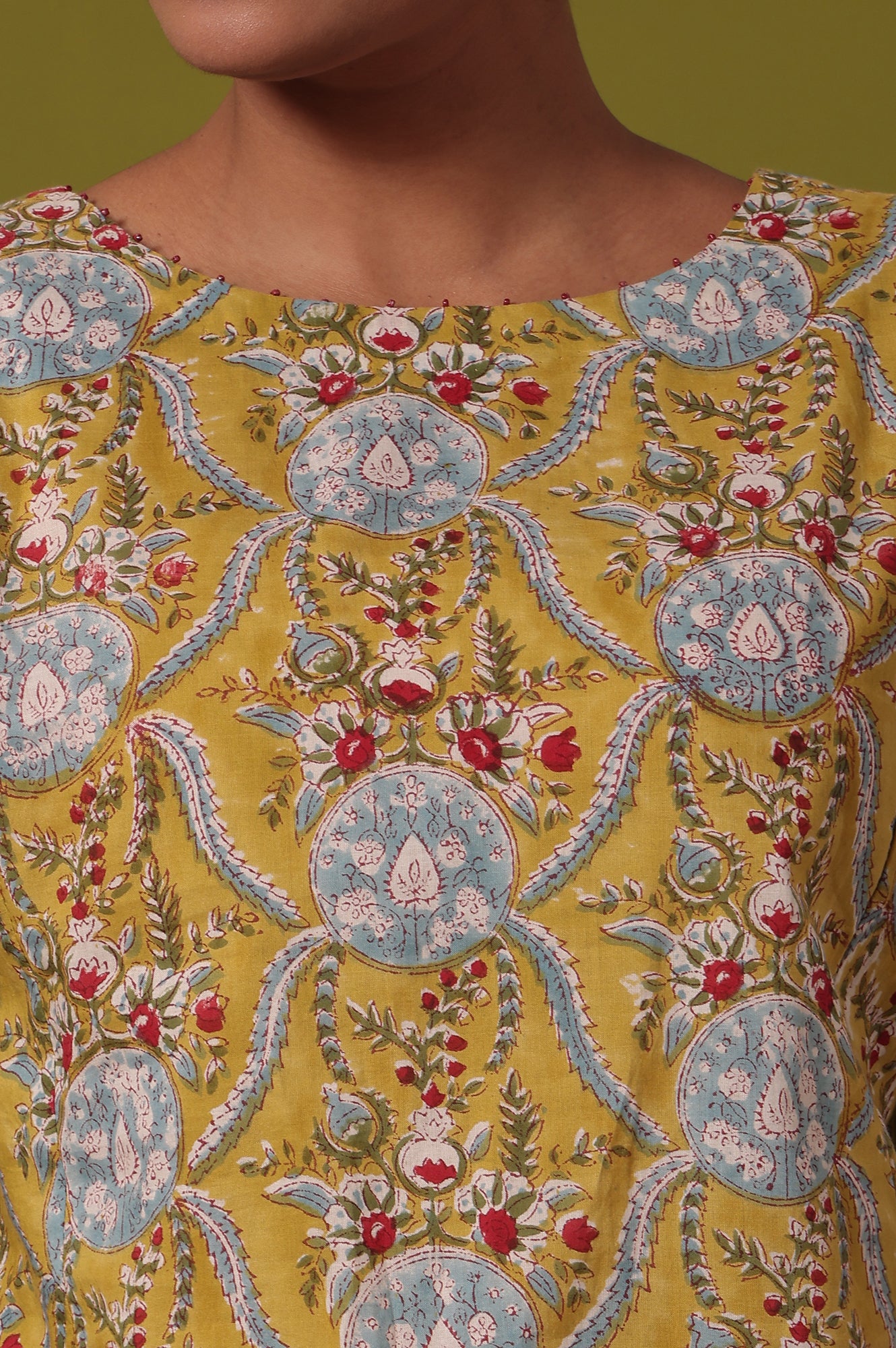 Yellow Floral Printed A-Line Pure Cotton Kurta