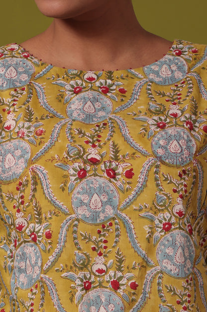 Yellow Floral Printed A-Line Pure Cotton Kurta