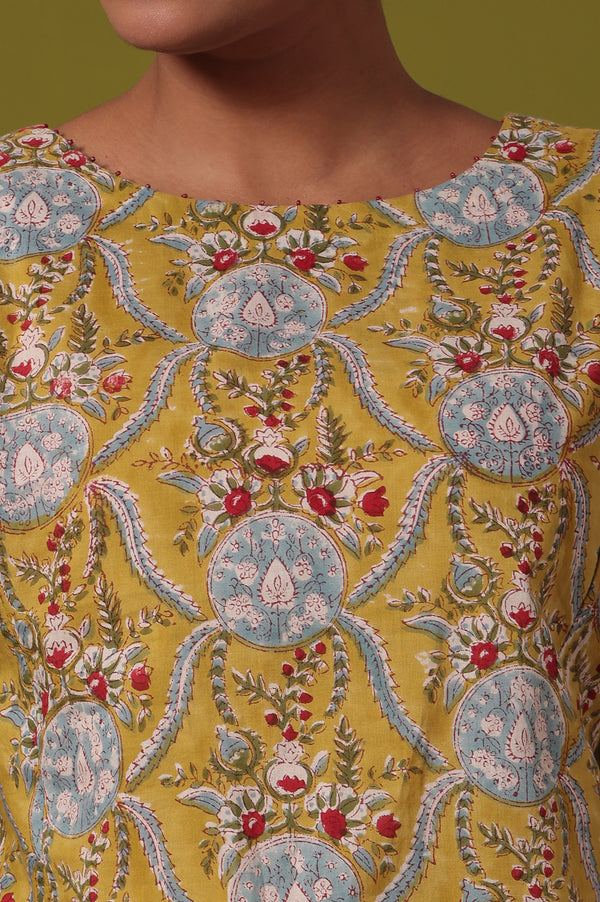 Yellow Floral Printed A-Line Pure Cotton Kurta