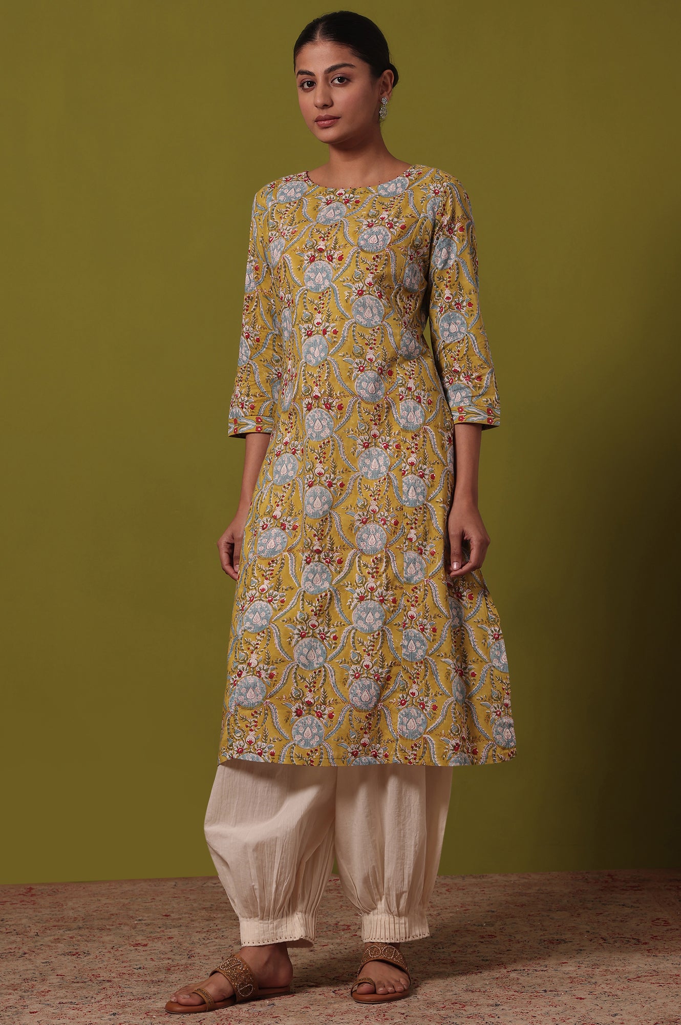 Yellow Floral Printed A-Line Pure Cotton Kurta