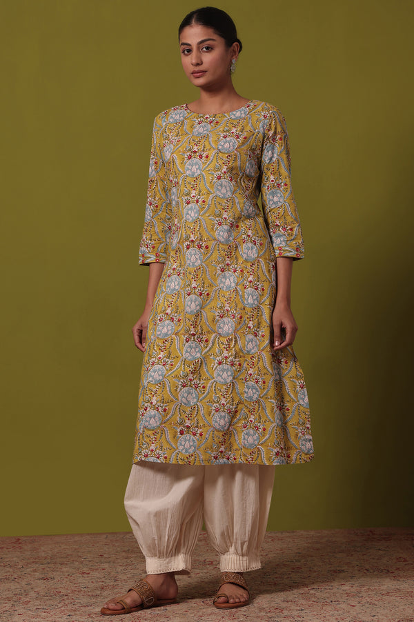 Yellow Floral Printed A-Line Pure Cotton Kurta