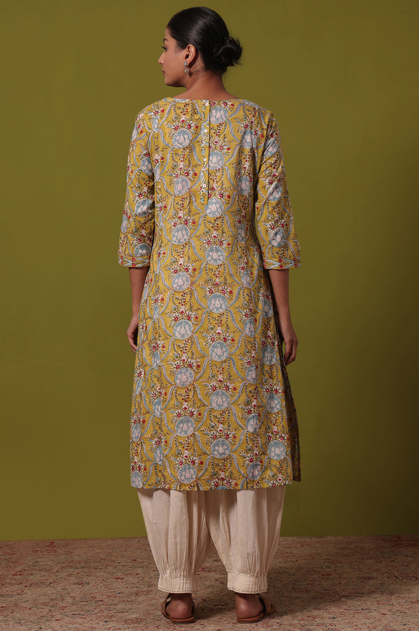 Yellow Floral Printed A-Line Pure Cotton Kurta