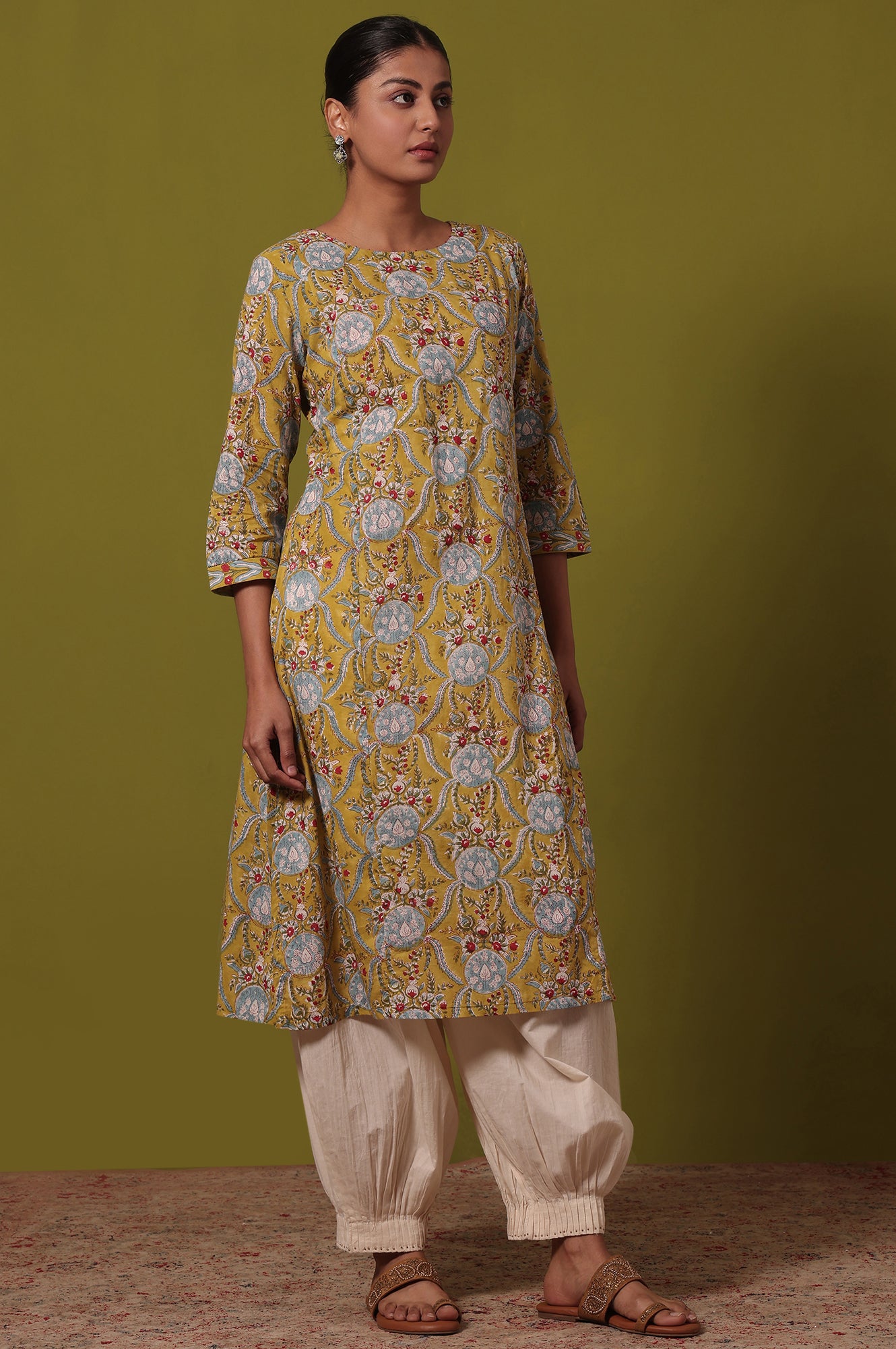 Yellow Floral Printed A-Line Pure Cotton Kurta