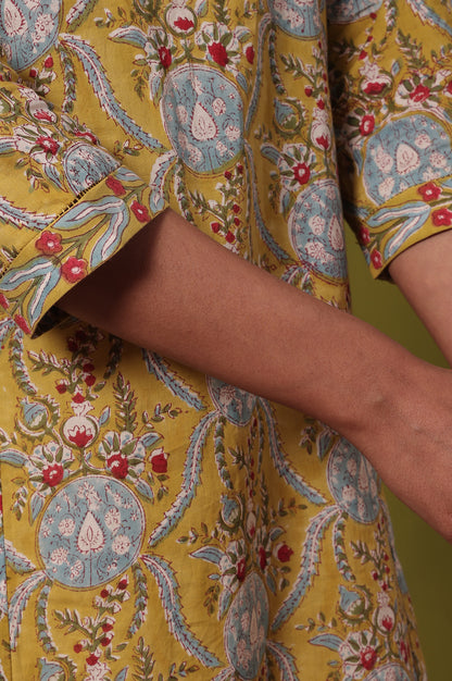 Yellow Floral Printed A-Line Pure Cotton Kurta