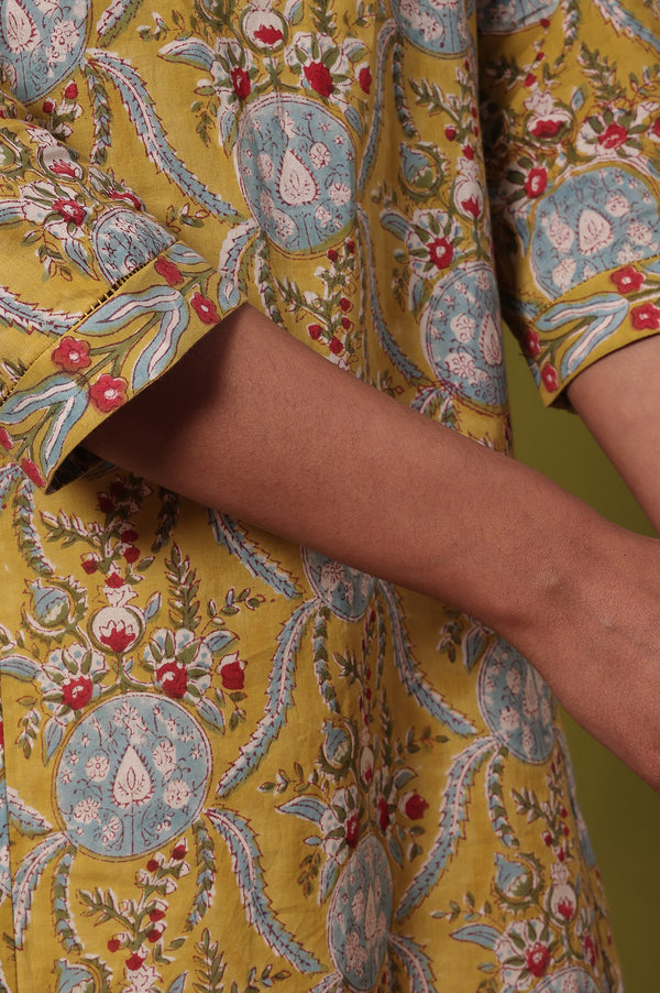 Yellow Floral Printed A-Line Pure Cotton Kurta