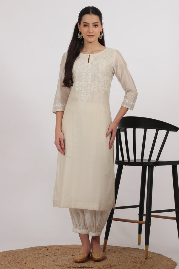Ecru Embroidered Kurta in Cotton Silk