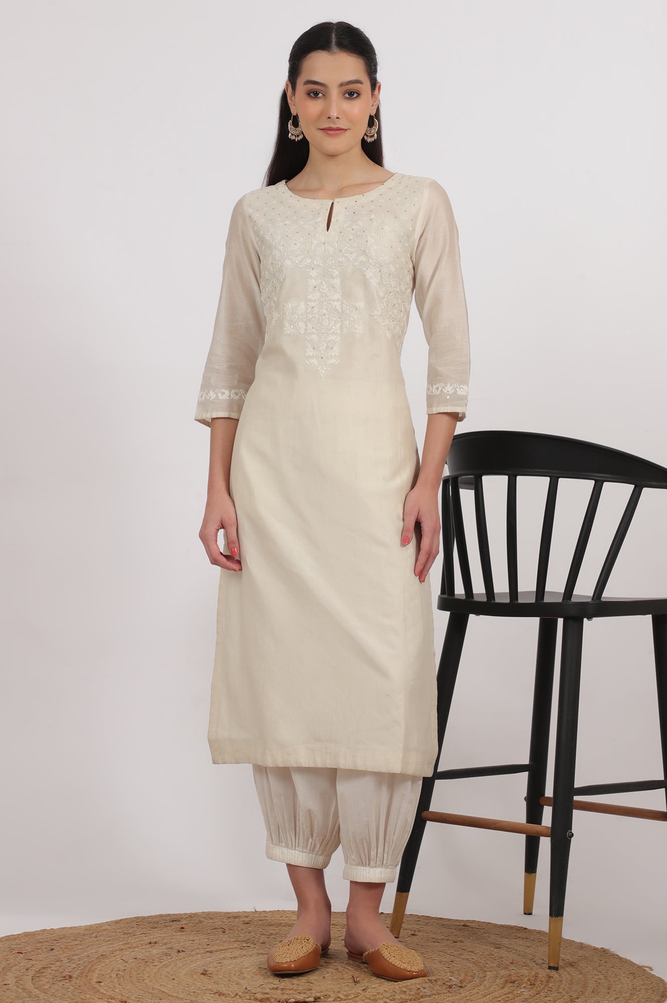 Ecru Embroidered Kurta in Cotton Silk