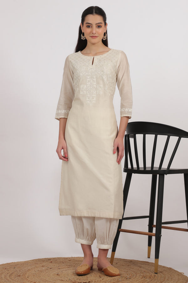 Ecru Embroidered Kurta in Cotton Silk