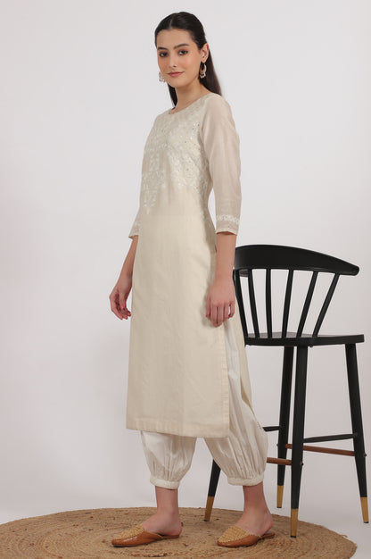 Ecru Embroidered Kurta in Cotton Silk