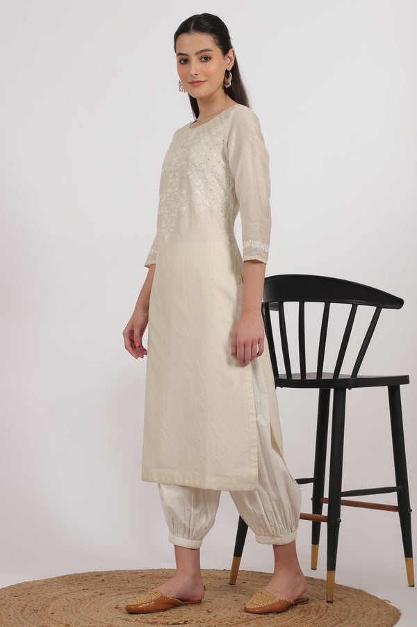 Ecru Embroidered Kurta in Cotton Silk