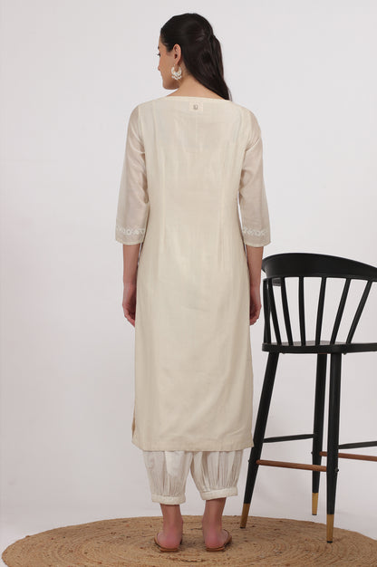 Ecru Embroidered Kurta in Cotton Silk