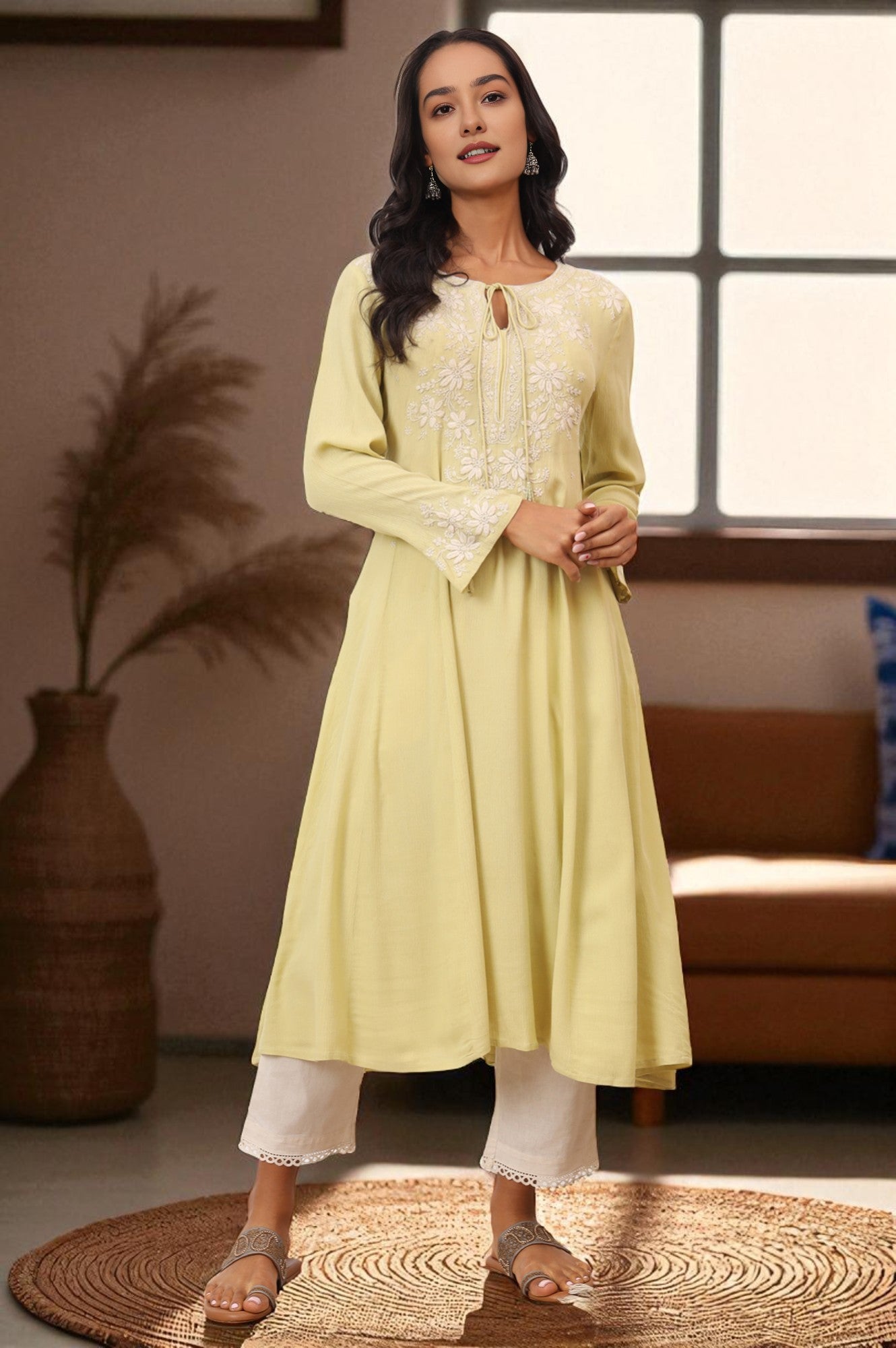 Yellow Chikankari Kurta in Fluid Rayon Crepe