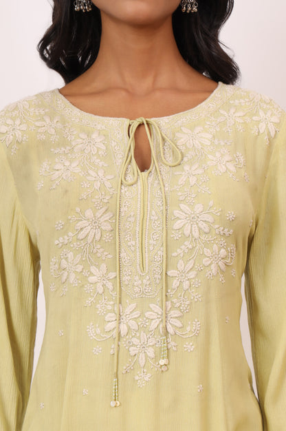 Yellow Chikankari Kurta in Fluid Rayon Crepe