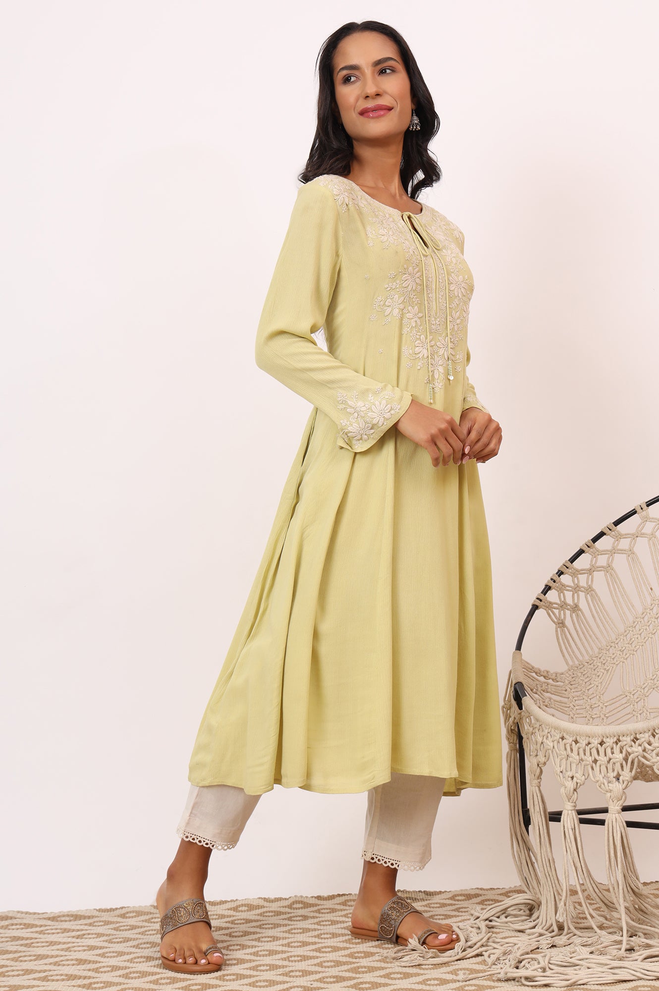 Yellow Chikankari Kurta in Fluid Rayon Crepe